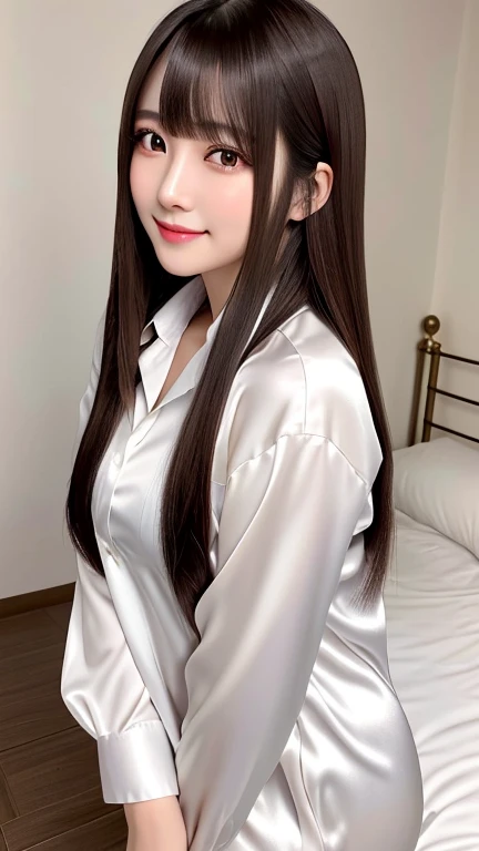 Front view, Young and pretty girl in Japan, Long Bob Hair, night、Standing alone next to a bed in a luxurious room with a big smile on her face, Attractive person, Wearing an unbuttoned long-sleeved white silk satin shirt with a collar, Shiny satin white panties, Super cute face, Glossy Lips, Double eyelids on both eyes, Natural Makeup, Long eyelashes, shiny smooth light brown long hair, Straight Hair、Asymmetrical bangs, Center image, High resolution, Attention to detail, Detailed hairstyle, Detailed face, Spectacular movie lighting, Octane Rendering, Vibrant, Ultra-realistic, Perfect limbs, Perfect Anatomy