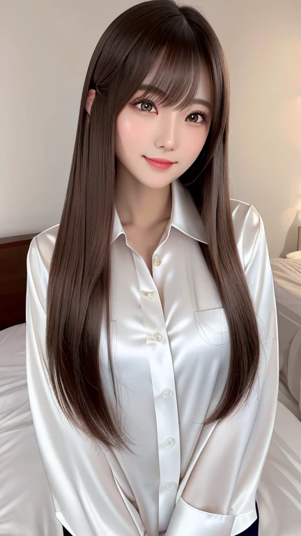 Front view, Young and pretty girl in Japan, Long Bob Hair, night、Standing alone next to a bed in a luxurious room with a big smile on her face, Attractive person, Wearing an unbuttoned long-sleeved white silk satin shirt with a collar, Shiny satin white panties, Super cute face, Glossy Lips, Double eyelids on both eyes, Natural Makeup, Long eyelashes, shiny smooth light brown long hair, Straight Hair、Asymmetrical bangs, Center image, High resolution, Attention to detail, Detailed hairstyle, Detailed face, Spectacular movie lighting, Octane Rendering, Vibrant, Ultra-realistic, Perfect limbs, Perfect Anatomy