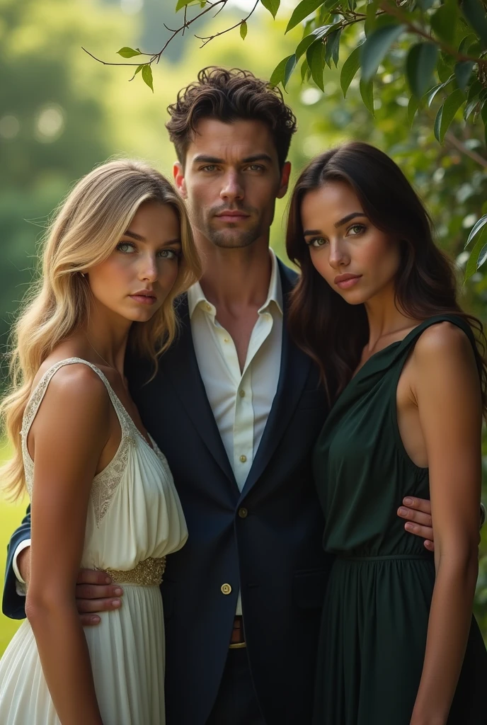 A man in standing between a blonde and a brunette girl