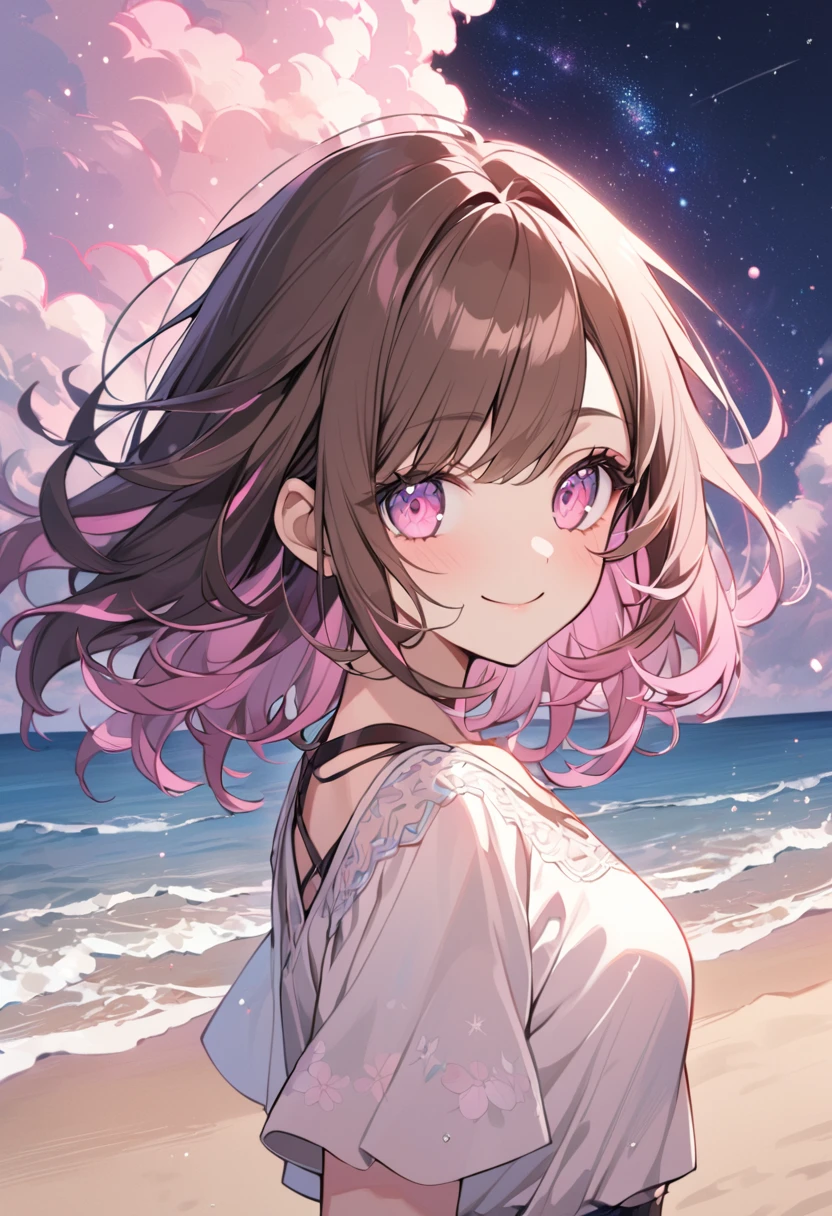 good looking, alone, 1 female, Medium Hair, Brown Hair, Pink highlights on the tips, Pale pink eyes,Smile Facial,Pink starry sky,Short sleeve,Sandy Beach
