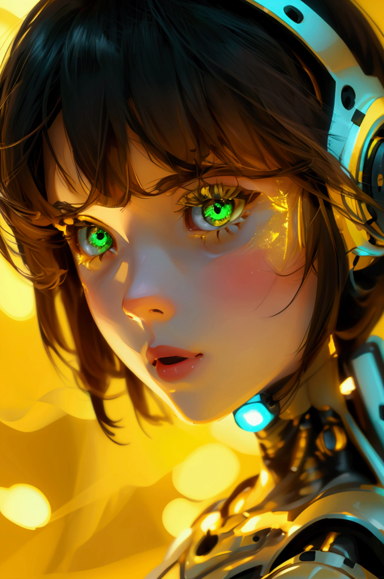 a beautiful cute girl in front yellow lights and background is also yellow her eyes is green looking at camera, cute innocent face full body, futurestics act, a girl looks like robot, full body image, zoom ot imag e