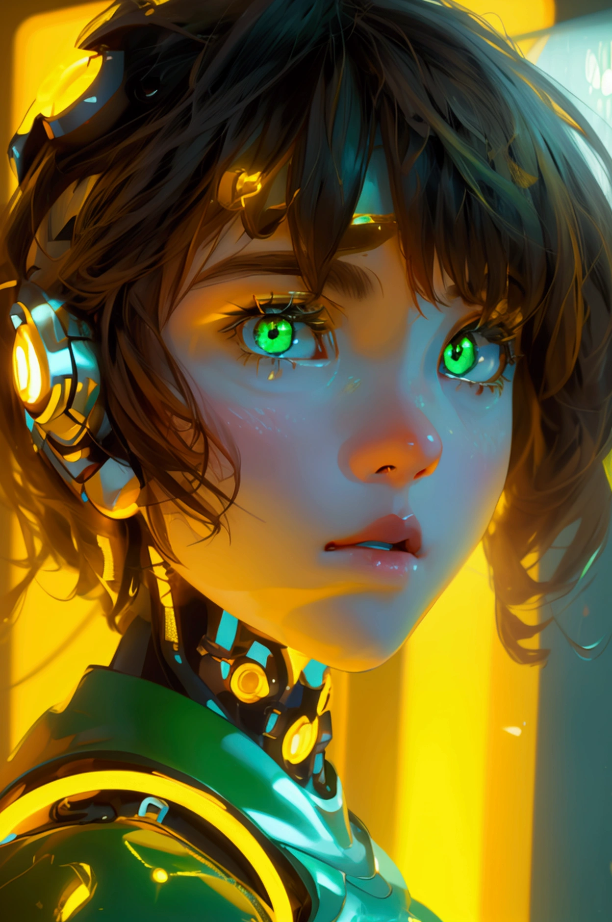 a beautiful cute girl in front yellow lights and background is also yellow her eyes is green looking at camera, cute innocent face full body, futurestics act, a girl looks like robot, full body image, zoom ot imag e