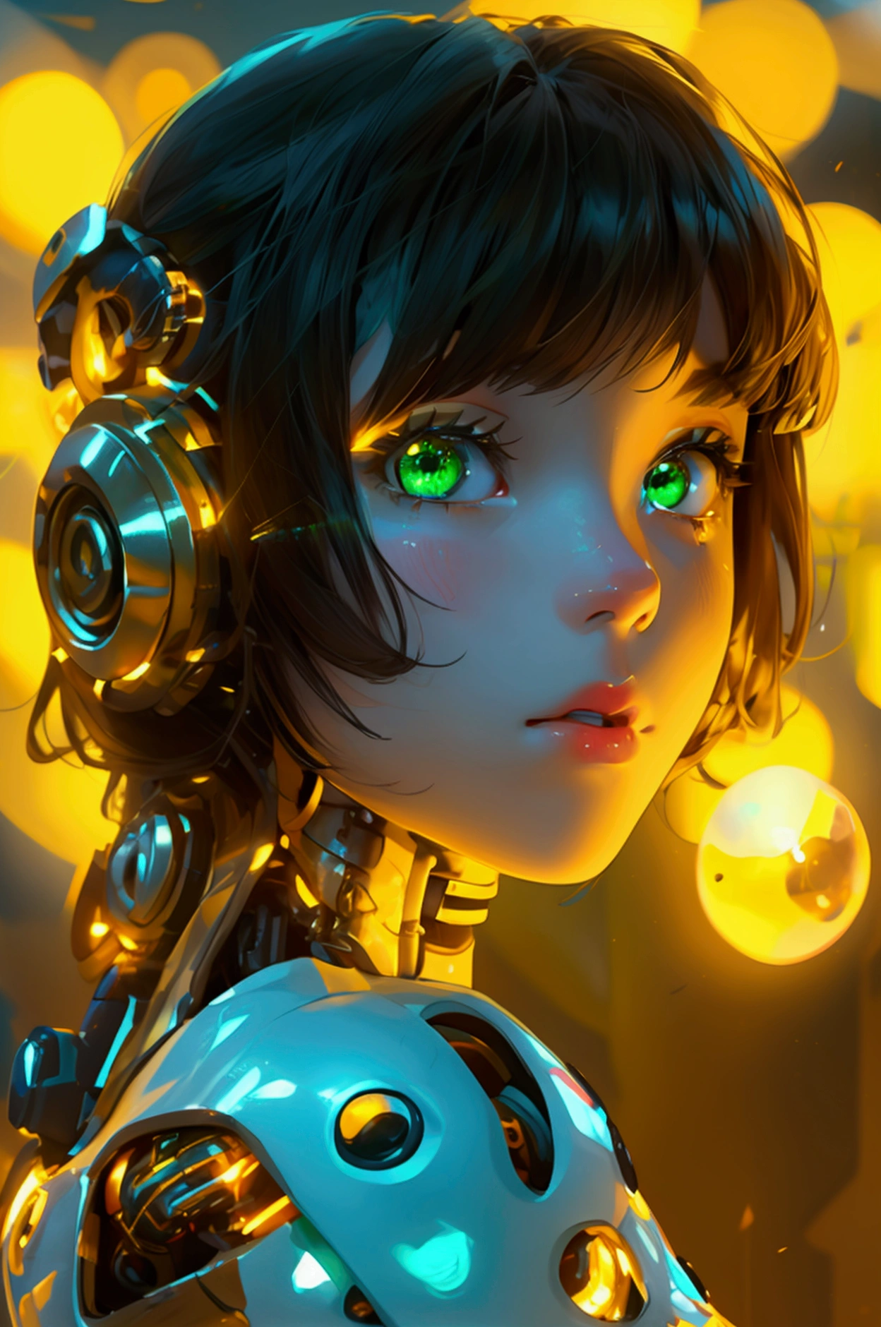 a beautiful cute girl in front yellow lights and background is also yellow her eyes is green looking at camera, cute innocent face full body, futurestics act, a girl looks like robot, full body image, zoom ot imag e