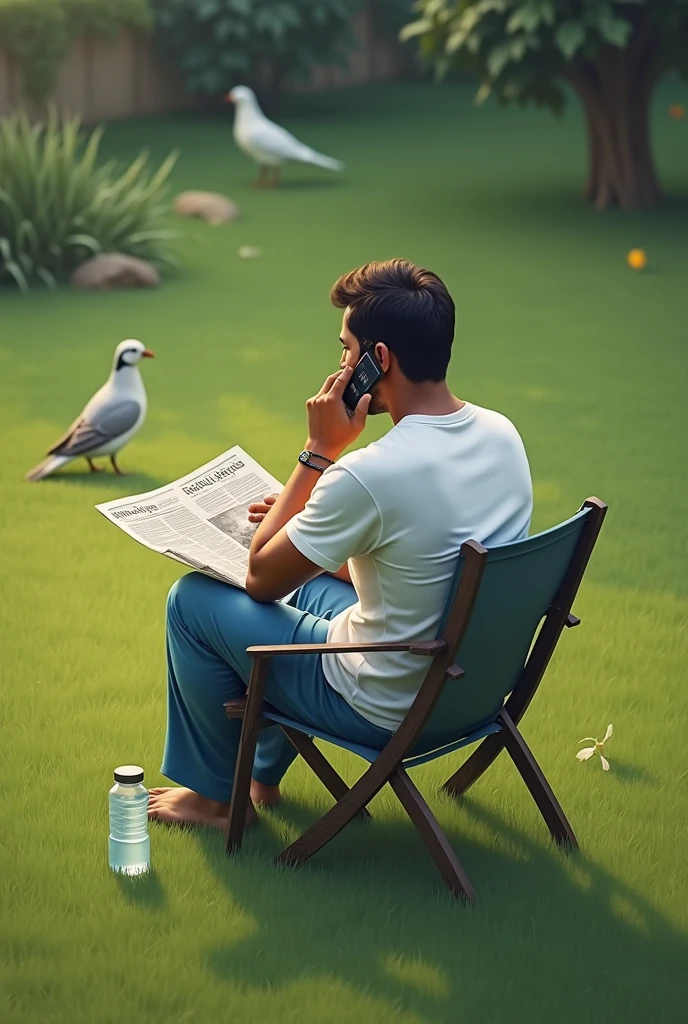 A 30 years Indian brown man is talking on the phone nearer to left ears. He is at the home lawn, birds are walking on the grass, he sat on the chair. he hold newspaper with right hand. His back side should be displayed. He wears white tshirt, blue night pant. Water bottle should be placed nearer to him. His weight is 60 kg.