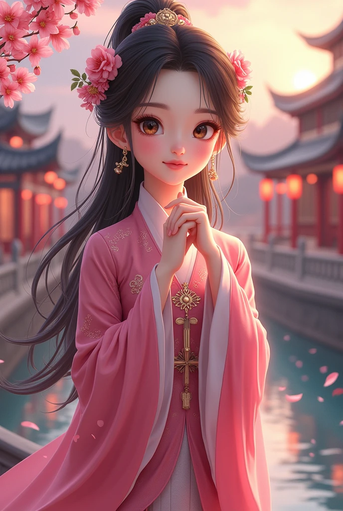 ( High resolution、 masterpiece、Highest quality、8k)、Tang Dynasty Buildings、Tang Dynasty China、Tang Dynasty China、(The face is round、Her eyes are long and cute、The most beautiful woman)、Chinese traditional clothing with a bright pink color and floral pattern、(whole body)、Brown-black long hair、smile、Holding、Cute gesture、Fingers on the chin、background、Tang Dynasty Buildings、Chang&#39;an city in the Tang Dynasty、Plum blossom、river view、Riverside city lights、Lantern Light、A complete portrayal、Detailed anime art、Detailed CG、