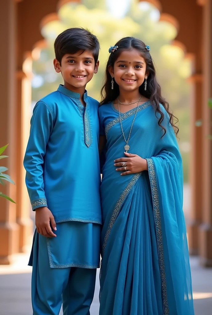 New home ceremony function girl and boy friends wear same blue colour drs and gurl wear half saree