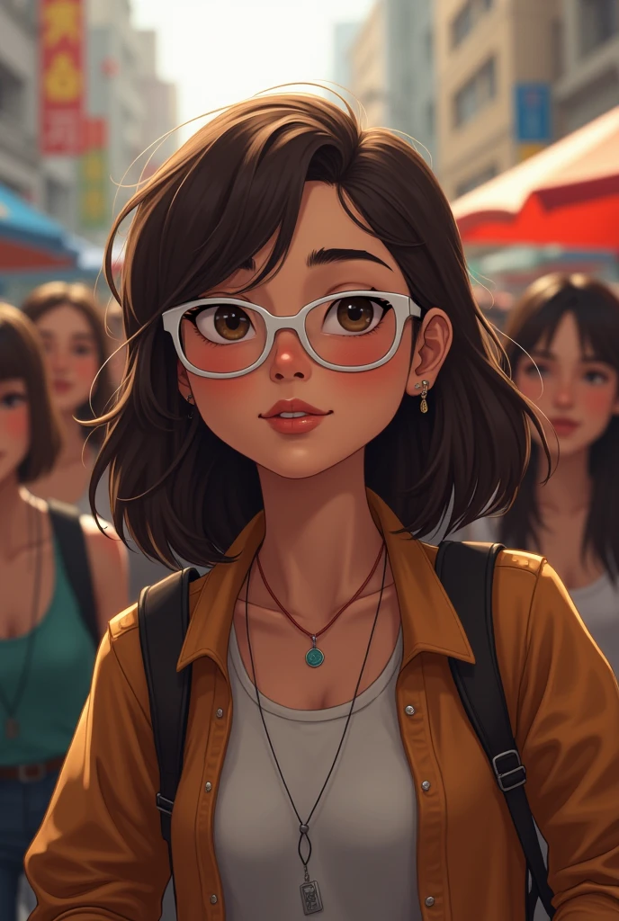 A fat girl with medium brown hair and white glasses has an adventure surrounded by many people who don&#39;t pay attention to her