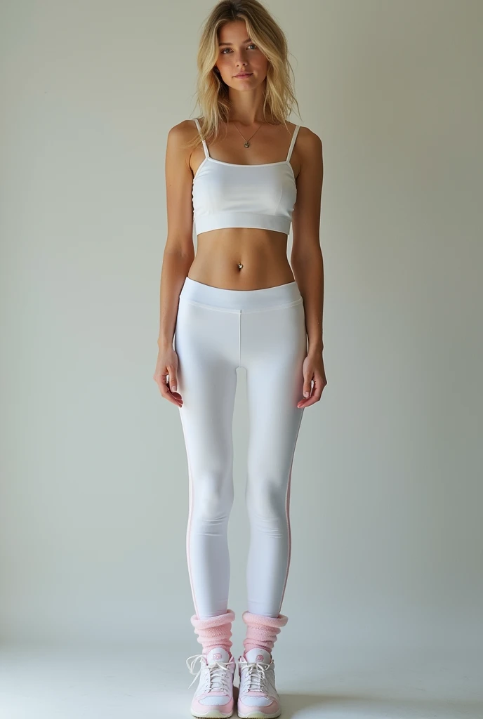 photo by full body. 18 year old young woman, Russian, blonde, rosto angelical, shoulder length hair, clear eyes, medium breasts. She wears white leggings and a braless top, showing her stomach with a belly button piercing.. Wears white and pink Nike Shox sneakers with leg warmers.