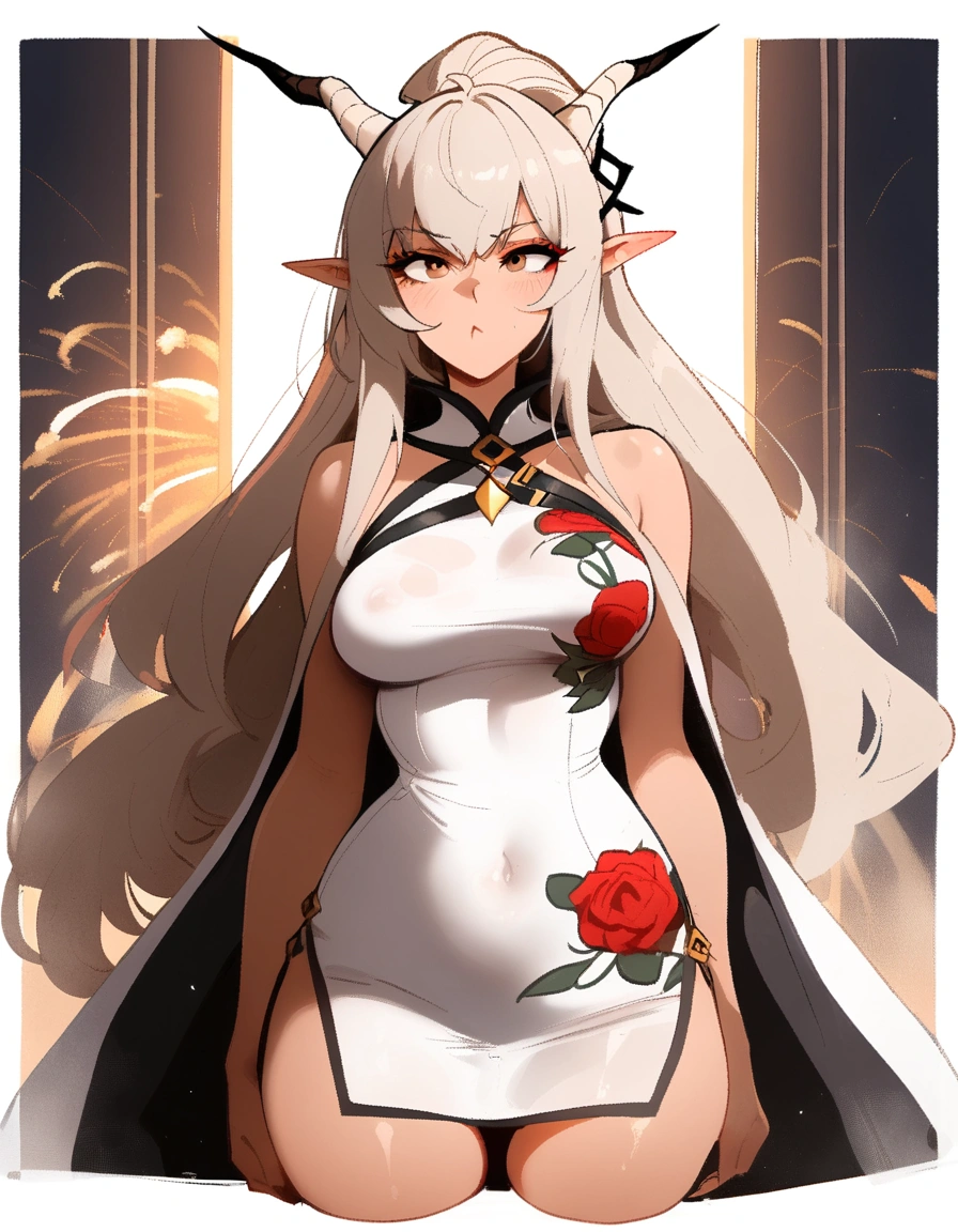1girl, shining \(arknights\), arknights \\\\\ masterpiece, best quality, newest ///// nyantcha, khyle, \\\\\ horns , outside border, ,, grey eyes,, skindentation ,serious, straight-on,, ,pointy ears,solo, ,squishy breasts, :/, white china dress, nightm outdoors, fireworks, , cropped legs, , roses print
