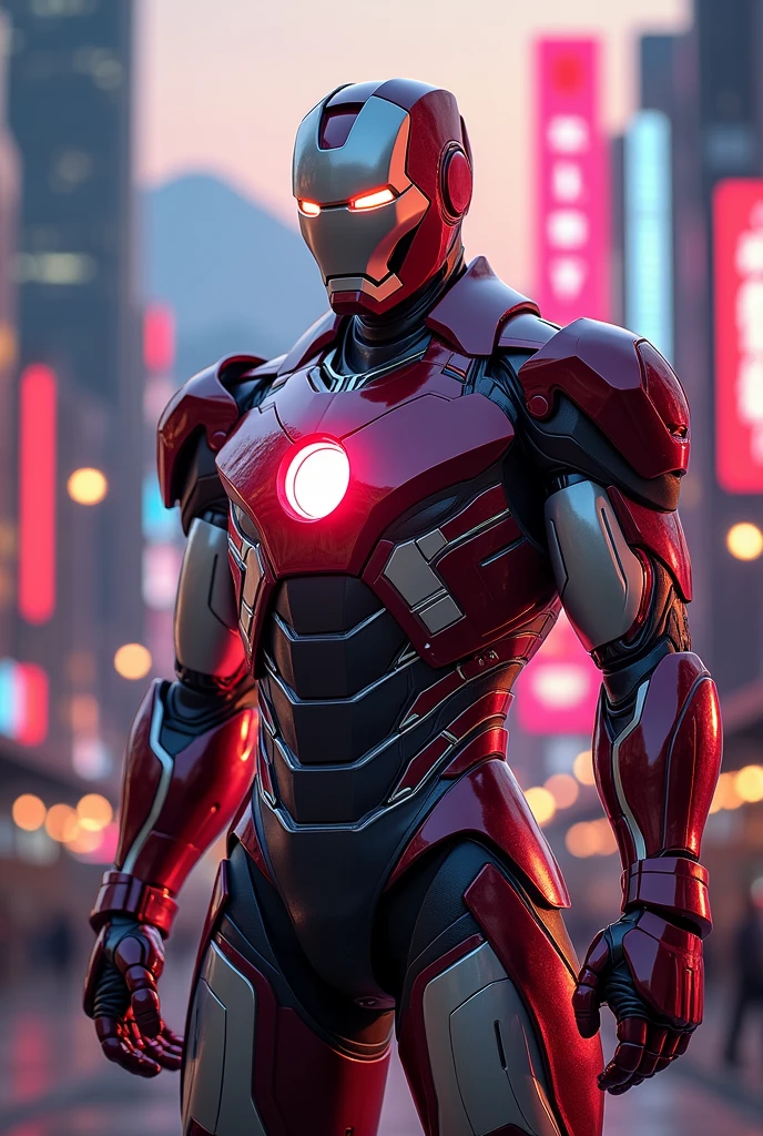 Create a highly detailed image of a Japanese version of Iron Man, standing heroically with a modern Tokyo cityscape in the background. The armor should be inspired by traditional Japanese elements, featuring sleek designs with colors like white, red, and black, and incorporating motifs such as cherry blossoms, samurai armor, or katana-inspired elements. The Japanese flag, with its iconic red circle, should be prominently displayed on the chest plate. The background should feature the Tokyo skyline, including landmarks like Tokyo Tower and Mount Fuji in the distance, set against a twilight or nighttime scene with neon lights and bustling city energy. The overall vibe should be powerful, elegant, and patriotic, blending high-tech with traditional Japanese aesthetics."