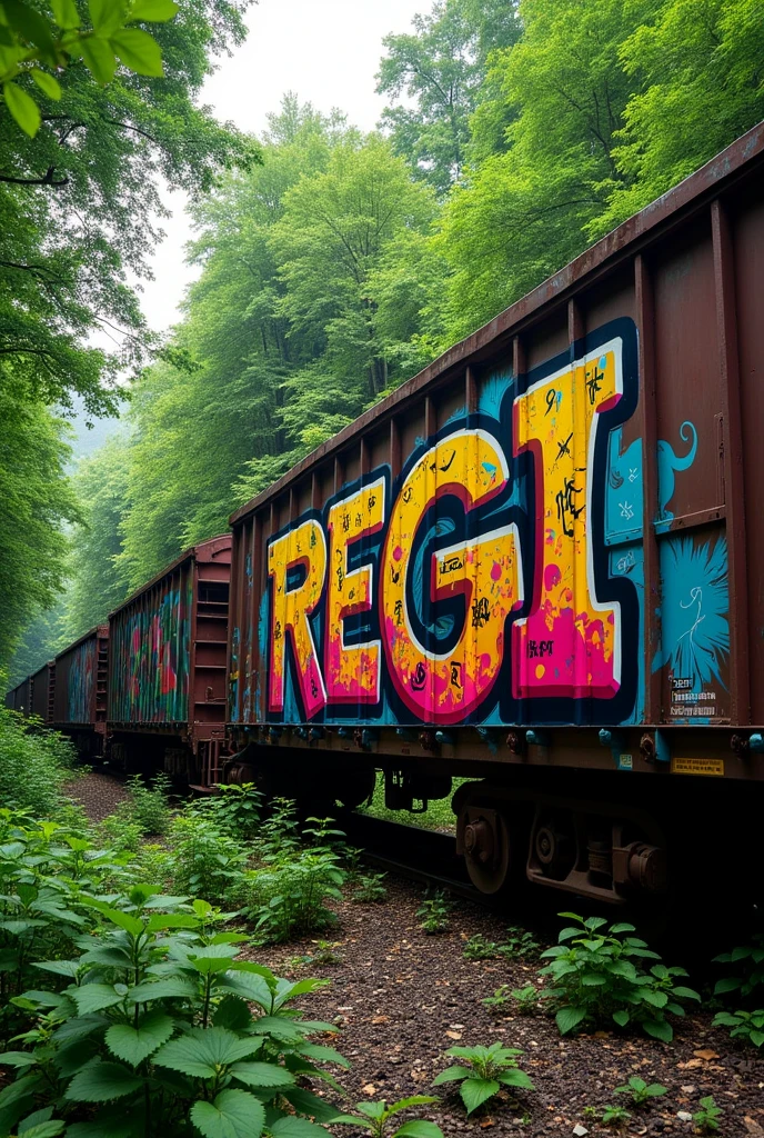 A graffiti with the name REGI on an abandoned train in the middle of a forest