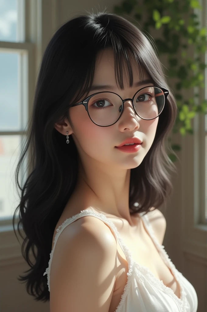 girly girl, straight black hair, with glasses, without fringe, I would be