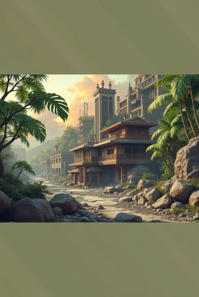 (masterpiece:1), (wide view:1.7),(game environment), (orange and yellow tones), (high-tech machinery), silence, (elements of fantasy), (old traditional architecture blend together),(The scene should feature destroyed buildings), (big leafy plants in to the damage building), magnificent sky, safe place peaceful glowing , and elements of fantasy, all mixed with realism, (dystopian zones indicating drug mafia strongholds and areas affected by nuclear fallout.), creating a dangerous yet captivating atmosphere perfect for a shooting game centered on gang wars, where clans fight for control area by area. (illustration: 1.0), epic composition, realistic lighting, (no human:1.6), HD details, masterpiece, best quality,