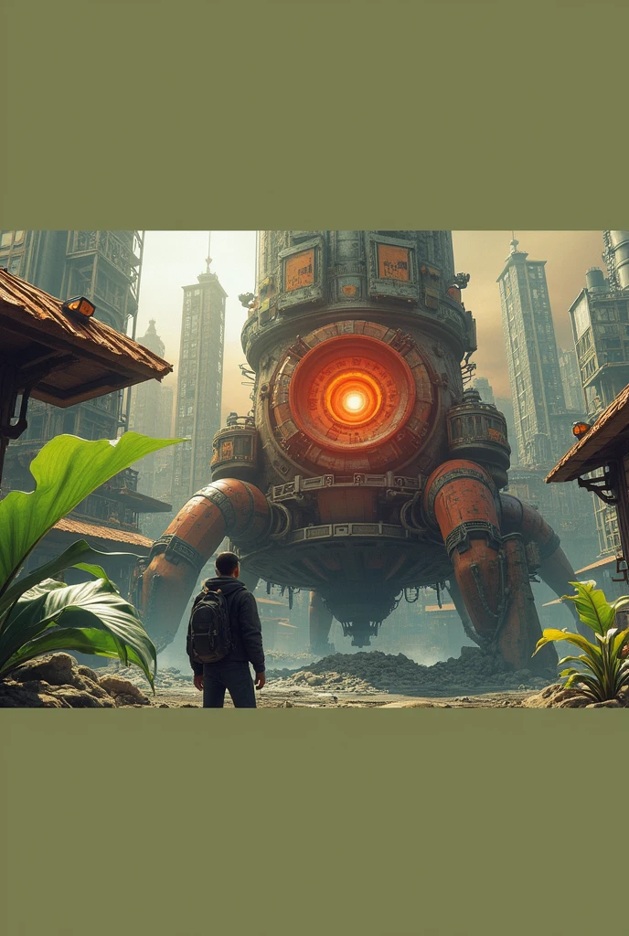 (masterpiece:1), (wide view:1.7),(game environment), (orange and yellow tones), (high-tech machinery), silence, (elements of fantasy), (old traditional architecture blend together),(The scene should feature destroyed buildings), (big leafy plants in to the damage building), magnificent sky, safe place peaceful glowing , and elements of fantasy, all mixed with realism, (dystopian zones indicating drug mafia strongholds and areas affected by nuclear fallout.), creating a dangerous yet captivating atmosphere perfect for a shooting game centered on gang wars, where clans fight for control area by area. (illustration: 1.0), epic composition, realistic lighting, (no human:1.6), HD details, masterpiece, best quality,