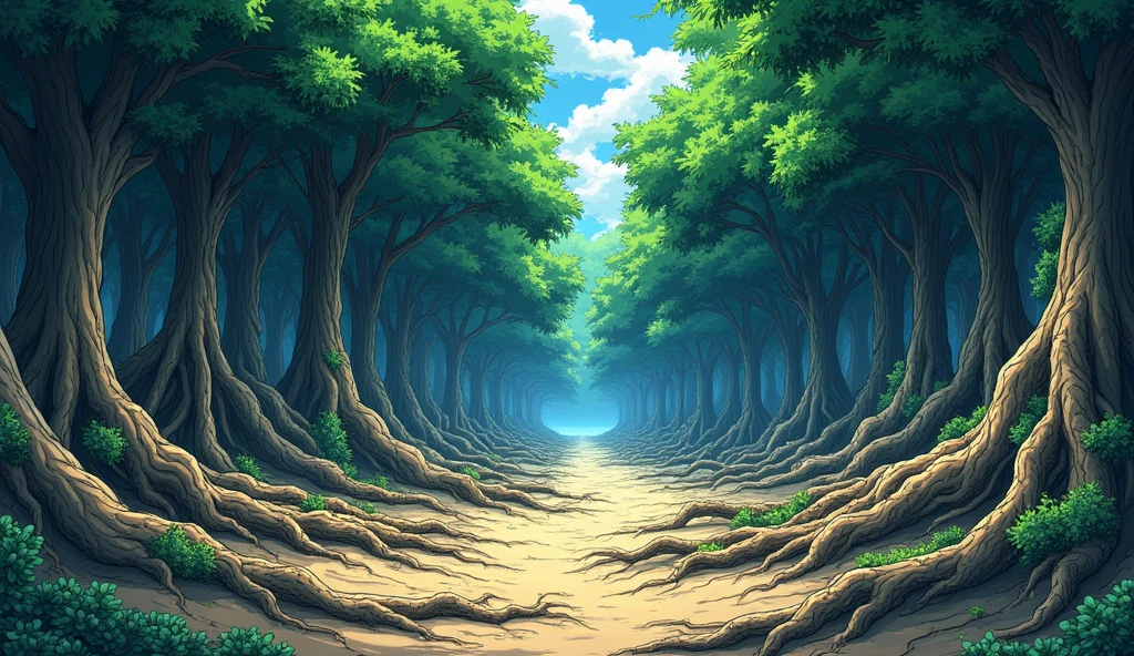 Thick roots under the ground full view, in anime style,
