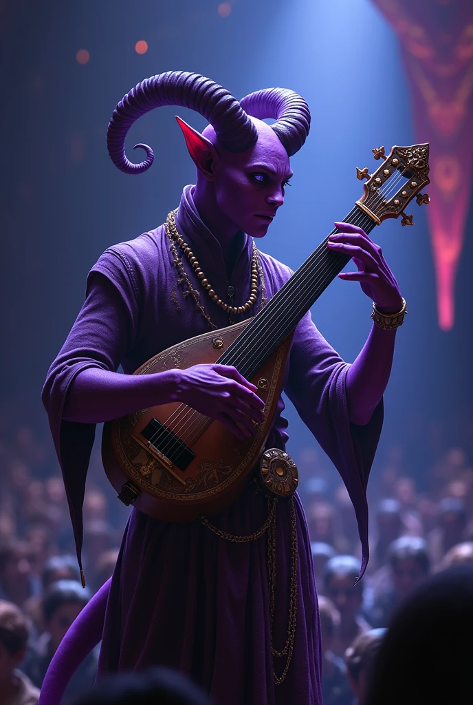 Generate me a purple tiefling playing a lute on stage