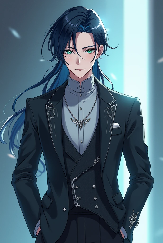 Absolutely, here’s a detailed concept for creating a unique and handsome anime boy image with a 1:1 aspect ratio:

---

**Character Design Concept**

1. **Hair:**
   - **Style:** A blend of elegance and modernity, with long, flowing locks that are styled into a refined, swept-back look. The hair is a rich, midnight blue with subtle streaks of silver that catch the light.
   - **Texture:** Soft and silky with a slight natural wave, giving it a dynamic movement.

2. **Eyes:**
   - **Shape:** Large and almond-shaped, exuding a sense of depth and sophistication.
   - **Color:** A mesmerizing gradient of deep emerald green fading into a lighter jade near the pupils, which have a hint of golden highlights to add a sparkle.
   - **Detail:** Lush, dark lashes and finely arched eyebrows to frame the eyes perfectly.

3. **Facial Features:**
   - **Skin Tone:** Porcelain with a slight blush on the cheeks, giving a youthful and ethereal appearance.
   - **Face Structure:** High cheekbones, a chiseled jawline, and a smooth, slightly pointed chin to enhance his handsome look.

4. **Outfit:**
   - **Top:** A sleek, dark charcoal blazer with a subtle, intricate pattern woven into the fabric. Underneath, a high-collared, pale gray shirt with an asymmetrical, angular design that gives a futuristic vibe.
   - **Accessories:** A thin, silver chain around his neck with a small, elegant pendant that glows faintly. The blazer’s lapels are adorned with delicate silver embroidery in a geometric pattern.
   - **Bottom:** Fitted, tailored black trousers with a slight sheen, adding to the overall polished appearance.

5. **Background:**
   - **Design:** A soft, gradient backdrop transitioning from a deep twilight blue at the top to a lighter, almost silver-blue at the bottom. This creates a serene and sophisticated environment that contrasts yet complements the character.
   - **Details:** Gentle, abstract patterns resembling subtle star constellations or soft, flowing lines to add an ethereal