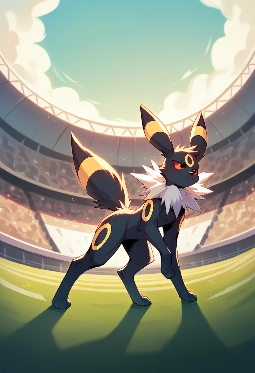 A Jolteon throwing Thunder at a Shiny Umbreon, in a stadium with an audience in the stands.