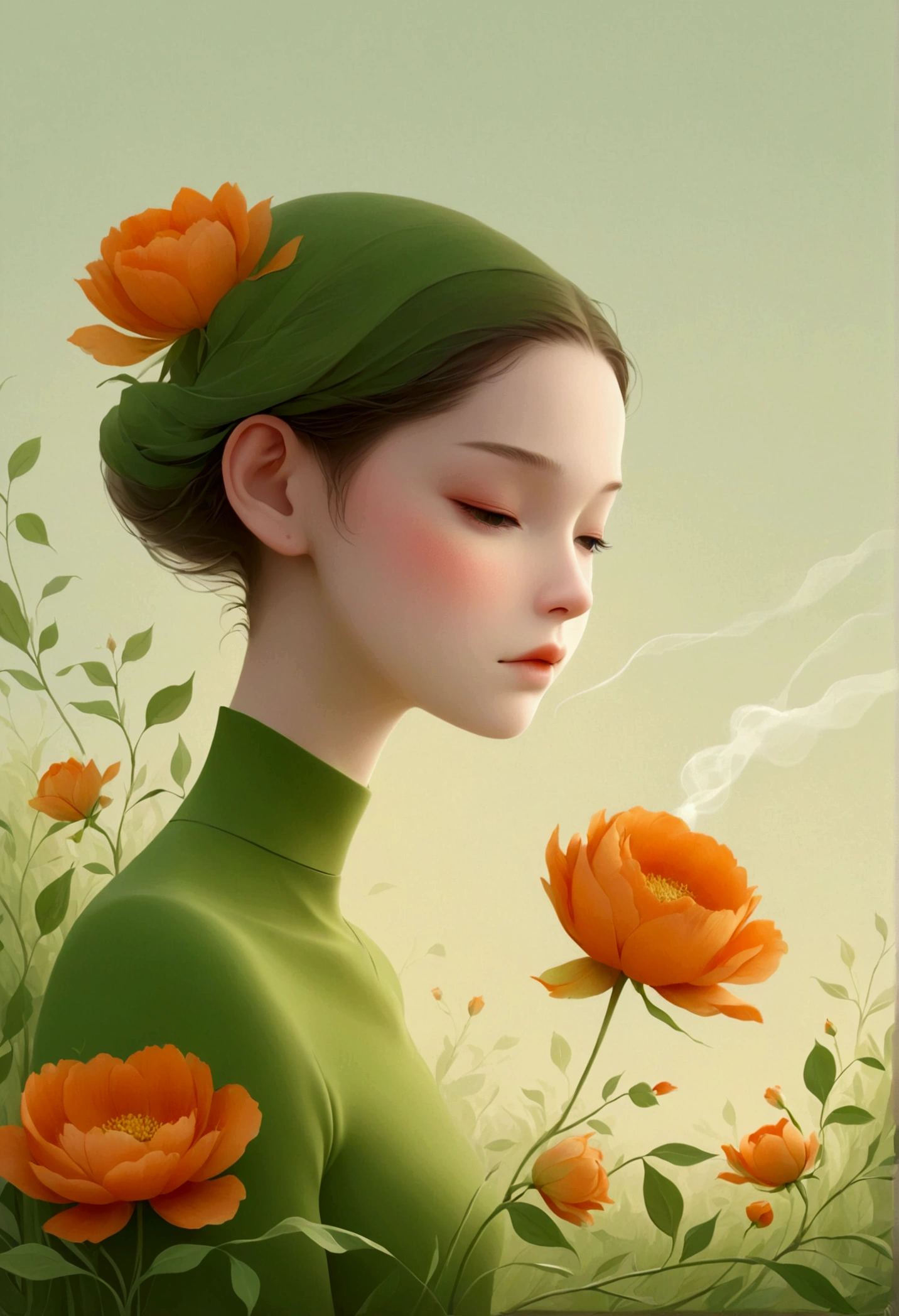 Victor Nai&#39;s style, beautiful details，simple，modern，advanced，cute，Color blocking，flowers，Orange，light green，grid，line，illustration，vigor，pixar