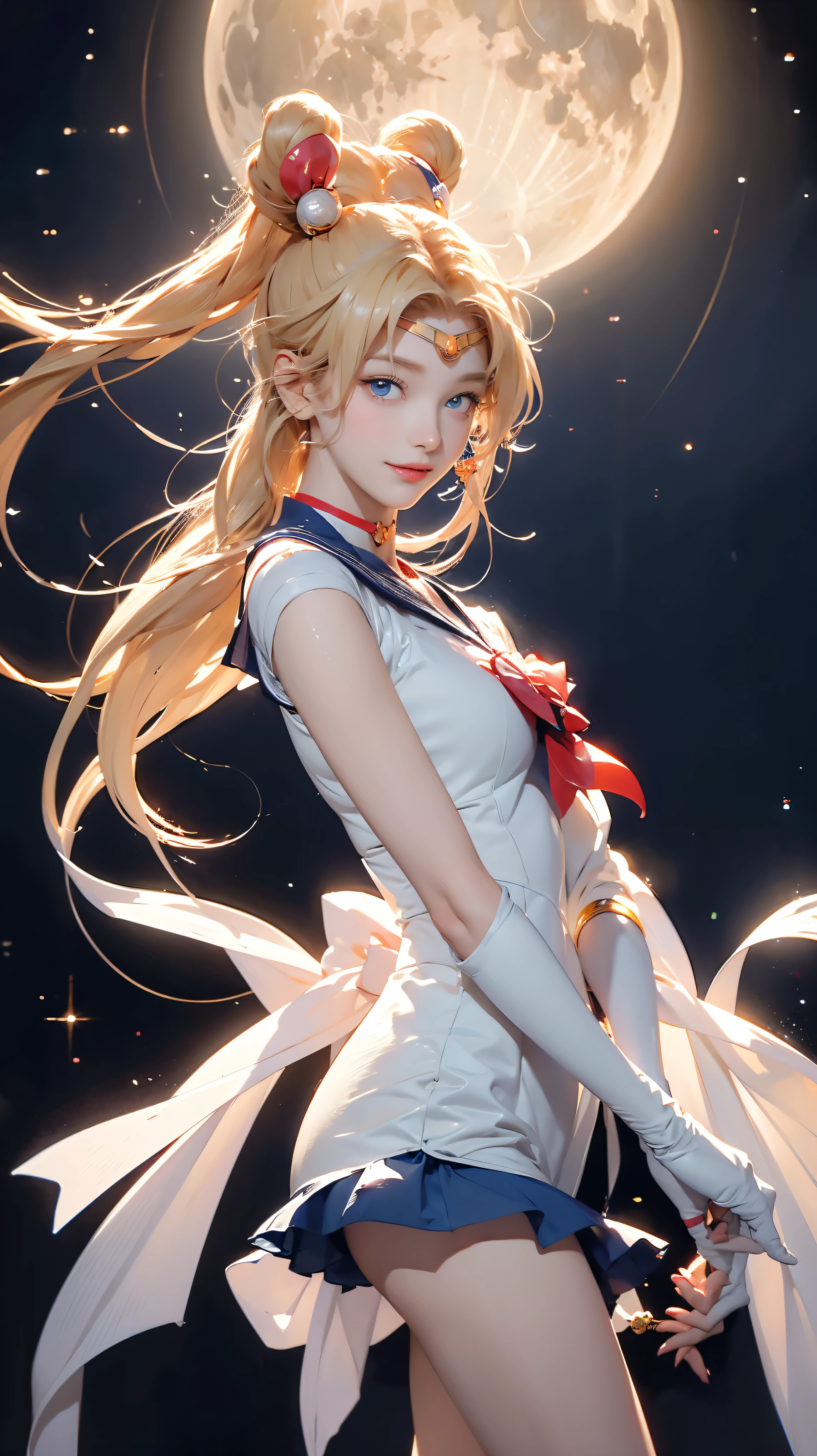 Sailor Moon, 1 girl, blue eyes, Long blonde hair, Sailor suit, Moon Tiara, Hold the Moon Stick, Standing on the moon, Background Earth, space, star, A confident smile.