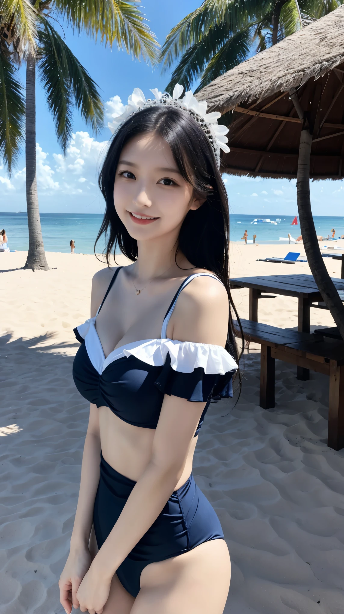 masterpiece, best quality, best quality, official art, beautiful and aesthetic:1.2),1 girl, alone, headdress, Bright colored swimsuit, black hair, blue eyes, off shoulder, looking at viewer, possession, assembly, A beach with pure white sand and emerald waves, bright smile