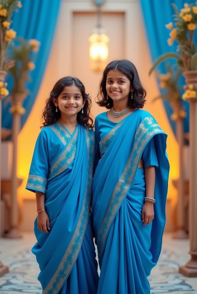 New home ceremony function girl and boy friends wear same blue colour drs and gurl wear half saree
