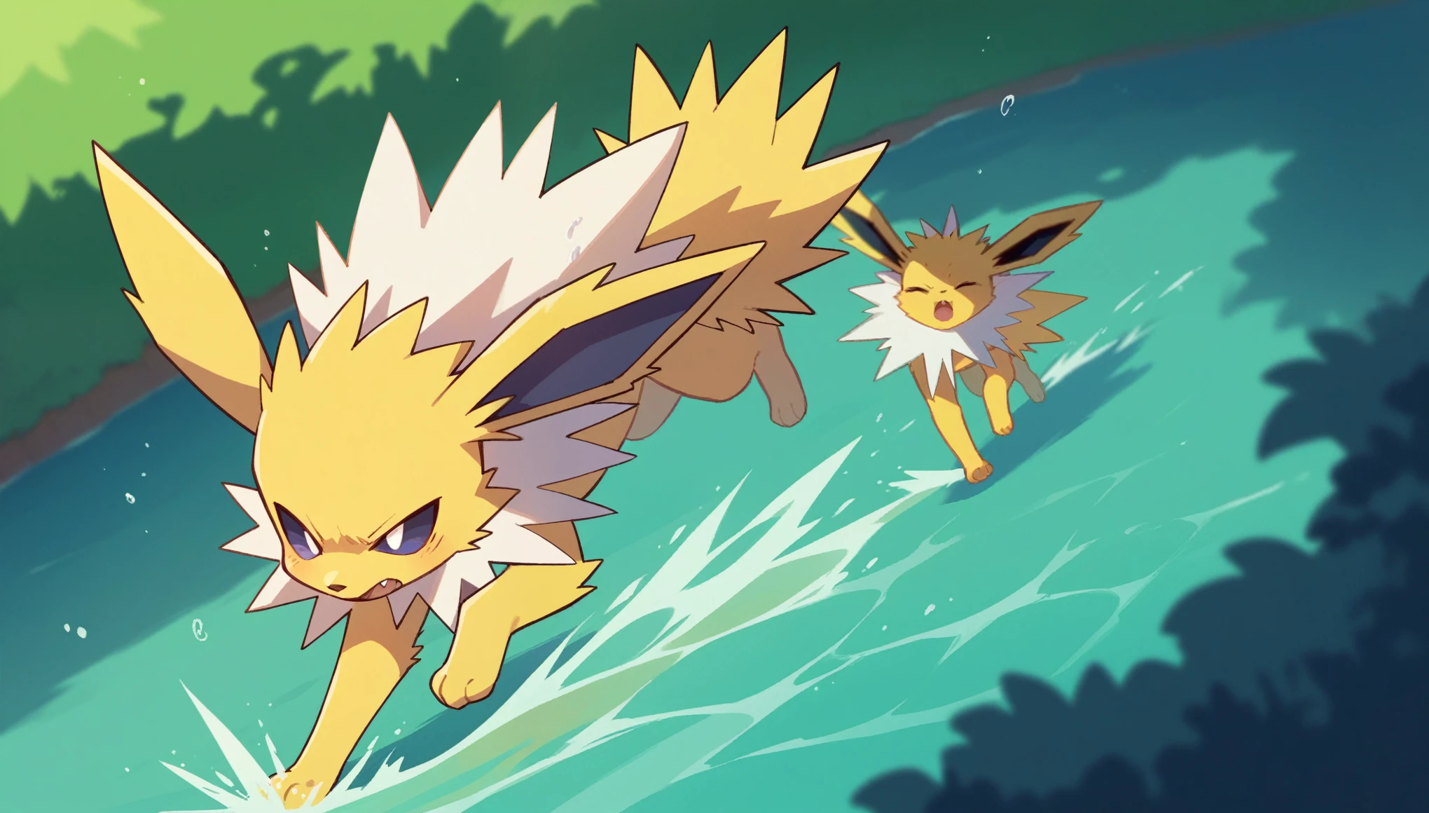 A Jolteon pokemon is running at high speed over the water and is surrounded by electric shocks. On a moonlit night.