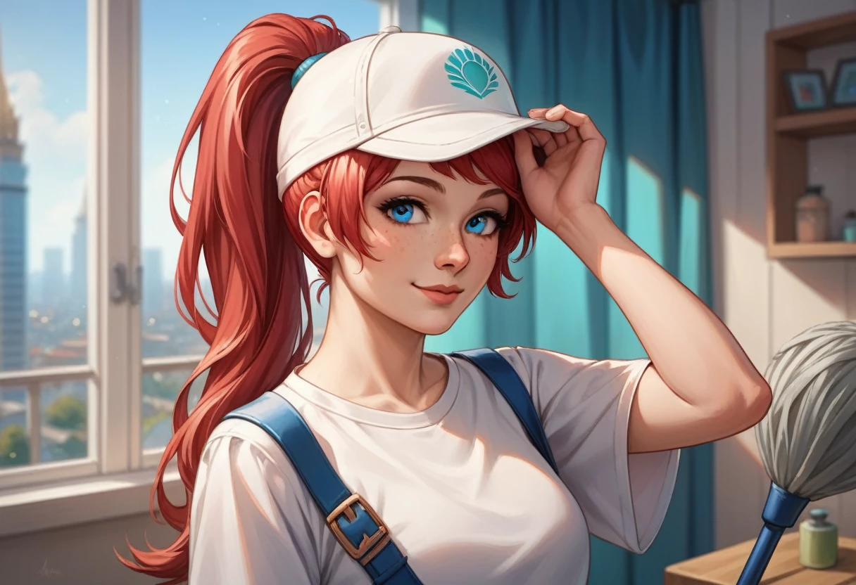score_9, score_8_up, score_7_up, very aesthetic, source_anime, detailed, high quality, beautiful, masterpiece, detailed eyes,
cityscape, blurry background,
cowboy shot, upper body,
adjusting headwear, light smile, mouth closed,
gemini sunrise, red hair, ponytail, blue eyes, freckles, sidelocks,
belt, (cleaning room with mop:1.5)