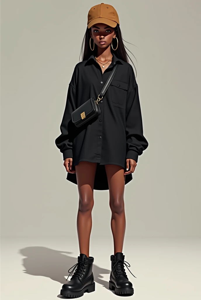 A  brown girl wearing short over knee black shirt-dress and black timber land shoes with straight longgg hair large cirlce earings and black cross bag and a brown cap

