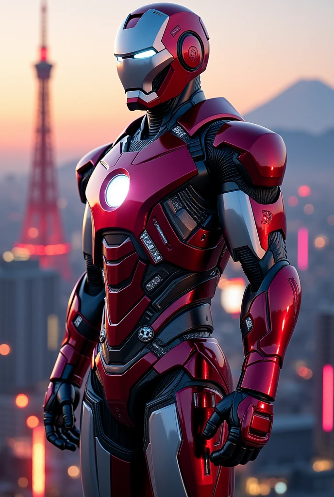 
Create a highly detailed image of a Japanese version of Iron Man, standing heroically with a modern Tokyo cityscape in the background. The armor should be inspired by traditional Japanese elements, featuring sleek designs with colors like white, red, and black, and incorporating motifs such as cherry blossoms, samurai armor, or katana-inspired elements. The Japanese flag, with its iconic red circle, should be prominently displayed on the chest plate. The background should feature the Tokyo skyline, including landmarks like Tokyo Tower and Mount Fuji in the distance, set against a twilight or nighttime scene with neon lights and bustling city energy. The overall vibe should be powerful, elegant, and patriotic, blending high-tech with traditional Japanese aesthetics."