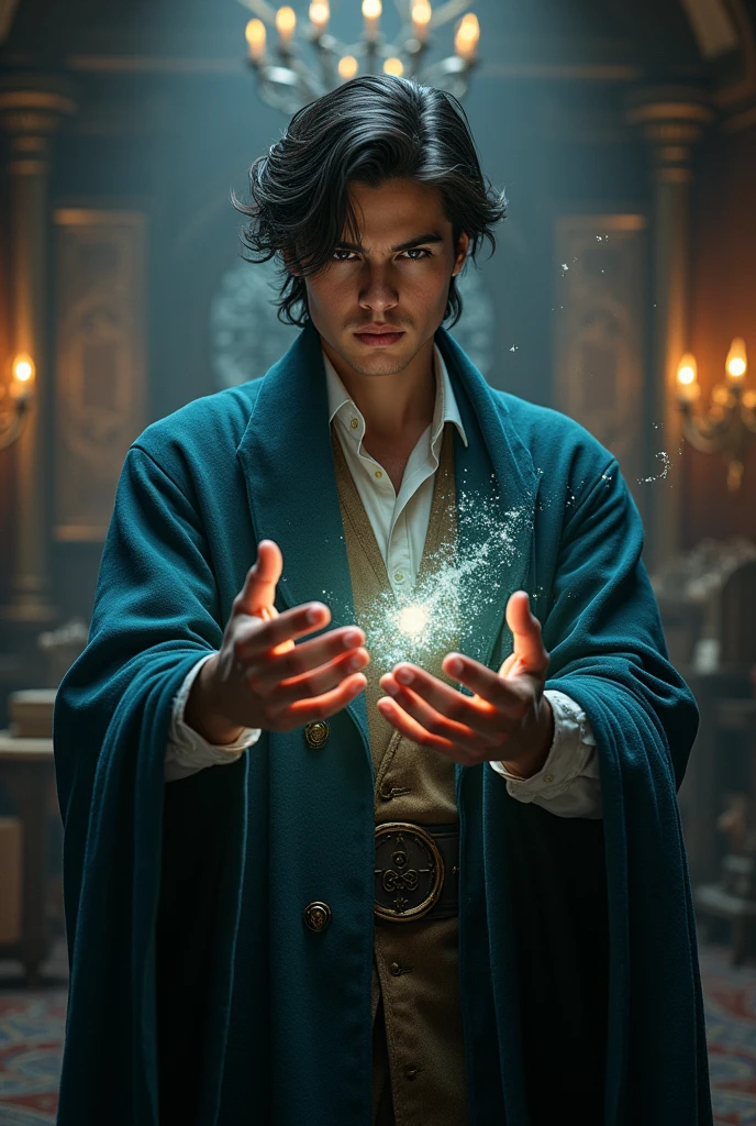 A young and handsome wizard casting a spell