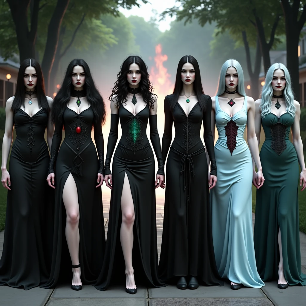  five young ladies,displaying their own power.((one is nightbringer, one is deceiver, one is void and oblivion, one is the burning one, one is the outcast)).((primordial,vampyric,soul eaters, ancient beings,consumers)),((phosporent green,black, pale blue)),(( Full figure wiew)). ((Three quarter wiew)),((deep wiew)),modern suburbs scenario background,photographic,ultra high resolution,hyperdetailed, masterpiece, 3d modelling, digital art.