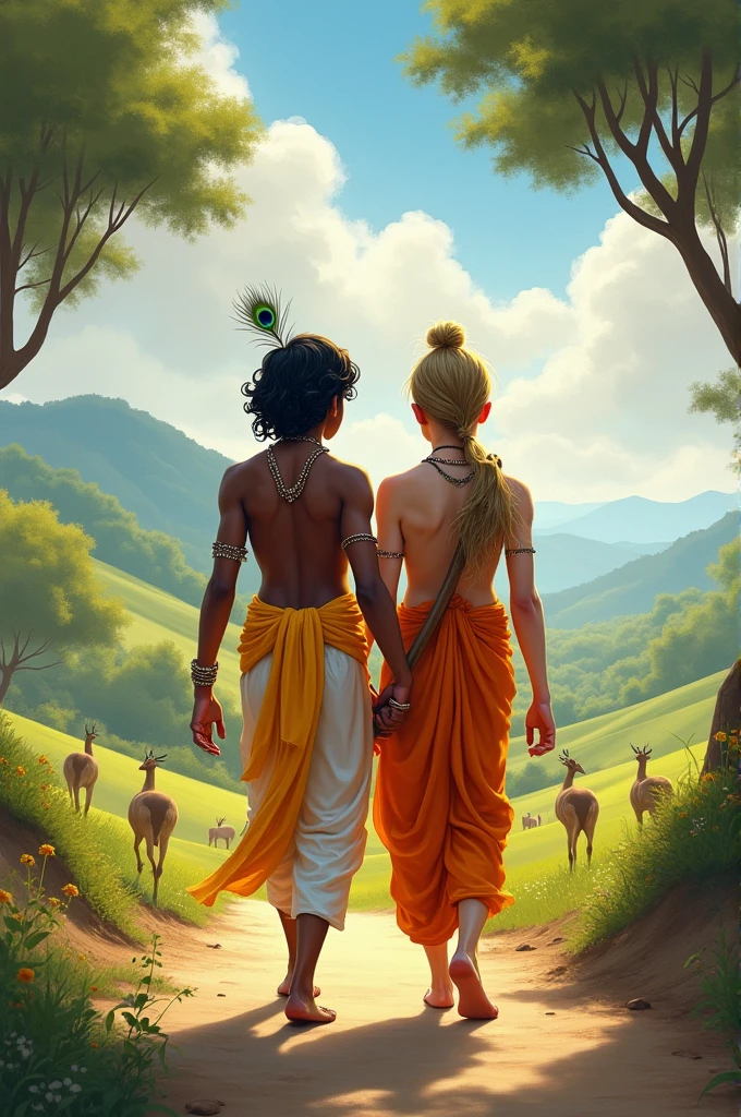 Lord krishna and balarama walking together back view