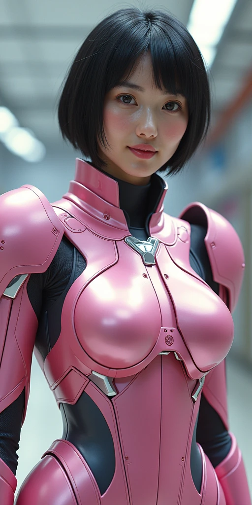 A beautiful 25 year old Japanese woman wearing pink and silver metallic powered armor:1.8, Pink and silver metallic powered armor:1.5, No skin exposure:1.5, smile,Big Breasts:1.5,Short black hair:1.4,NSFW