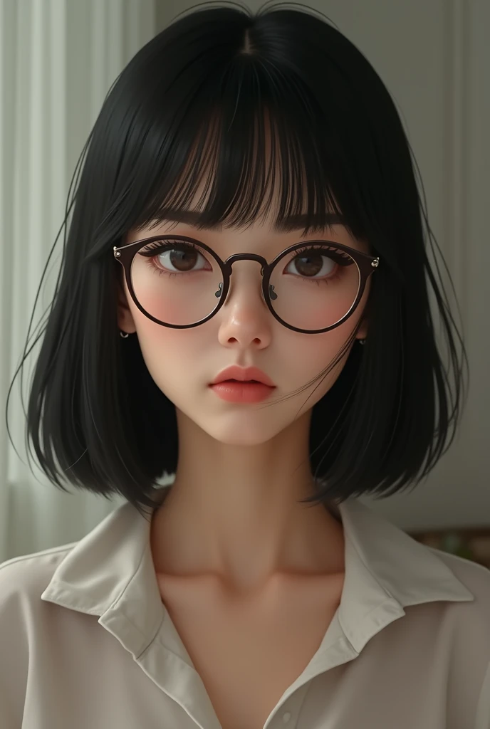 girly girl, straight black hair, with glasses, without fringe, serious look
