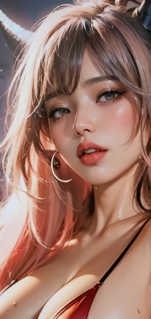 Taiwanese gravure idols gal makeup Light pink slong hair with bangs smoky makeup black eyeshadow Plump cheeks round face Wet and shiny navy blue school swimsuit Rooftop of a building with a steampunk night view ((Gloss rouge bright red lips)) big breasts cleavage (beautiful armpits) sweaty armpits Look at me with shame ((Sweaty, wet and shiny armpits and skin)) ((Close-up depiction of a mature woman's face seen from the floor)) ((Depicted from below)) (Condescended) eye contact close-up of armpit
