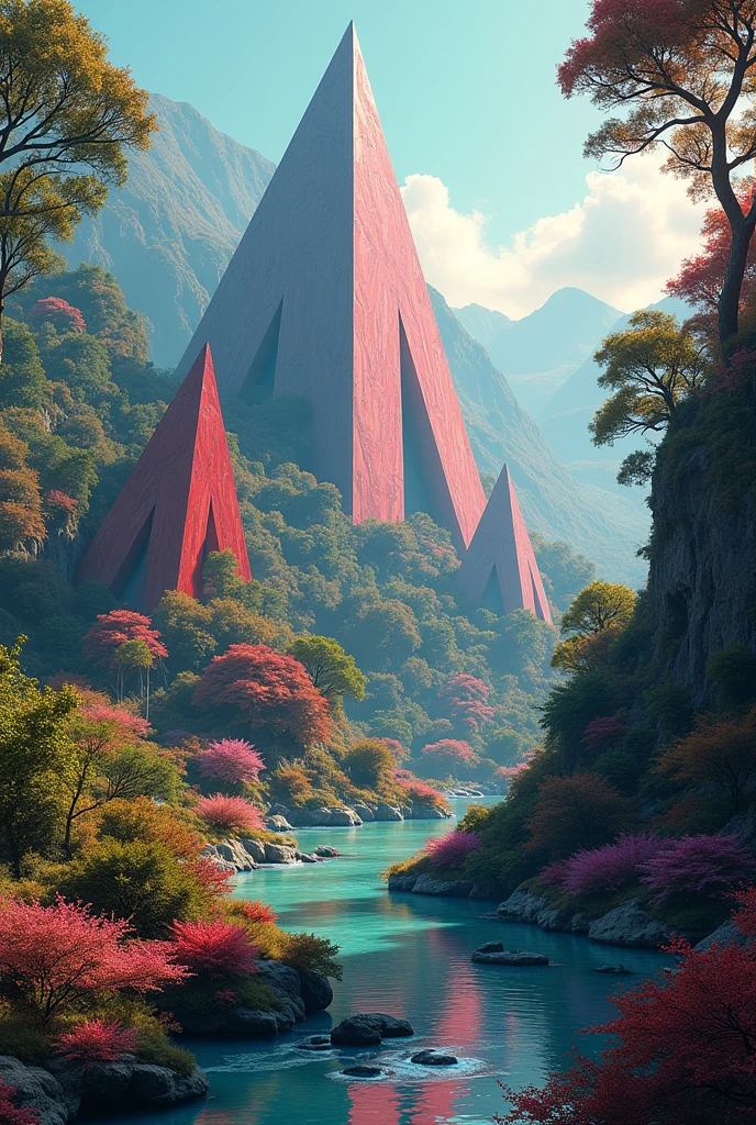 triangular brutalistic buildings in a vibrant natural landscape, iridescent fractal, algorithmic, masterpiece, concept art, shimmering with a rainbow of colors,vibrant