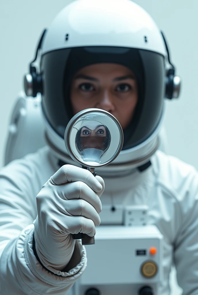 just show a astronaut in white costume hand only holding magnifying glass near to eys full  zoom shot in gradient background 
