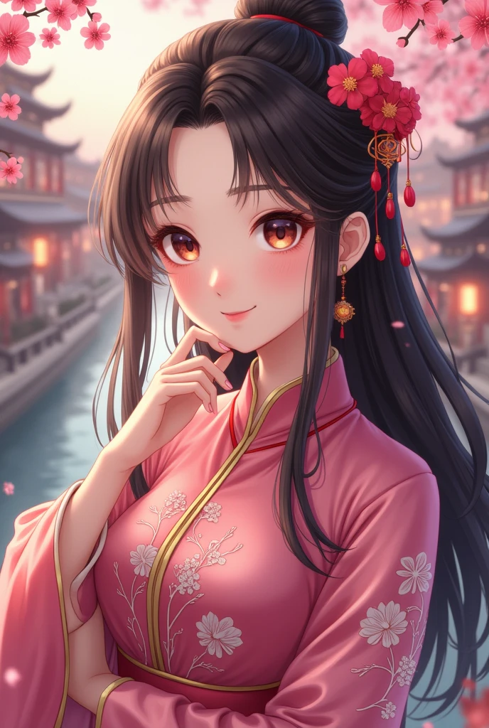 ( High resolution、 masterpiece、Highest quality、8k)、Tang Dynasty Buildings、Tang Dynasty China、Tang Dynasty China、(The face is round、Her eyes are long and cute、The most beautiful woman)、Chinese traditional clothing with a bright pink color and floral pattern、(whole body)、Brown-black long hair、smile、Holding、Cute gesture、Fingers on the chin、background、Tang Dynasty Buildings、Chang'an city in the Tang Dynasty、Plum blossom、river view、Riverside city lights、Lantern Light、A complete portrayal、Detailed anime art、Detailed CG、