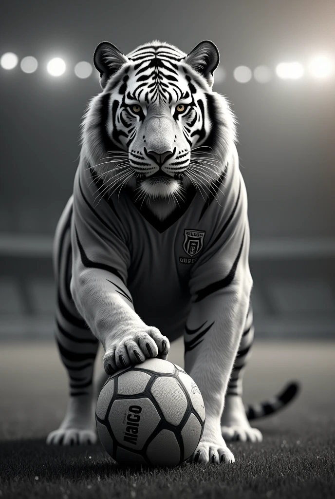 create a drawing of a black and white Siberian tiger standing on a football field, PARQUE CONVEIMA black and white football shirt and stepping on a football