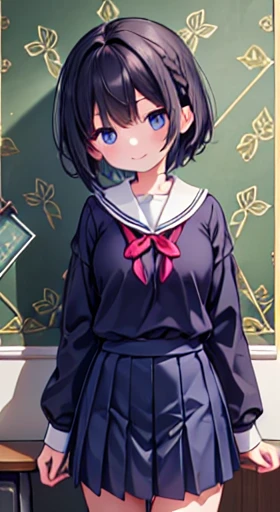 Tabletop, Highest quality,figure, wallpaper, Super detailed, One Girl,alone,Beautiful attention to detail,Very thick outline、Medium short-Cut Hair、short, Braided hair、(school uniform)、Dark Hair、A refreshing smile、Walk next to、Kamimei、Looking down angle:1.2、Small Head,、Large Breasts