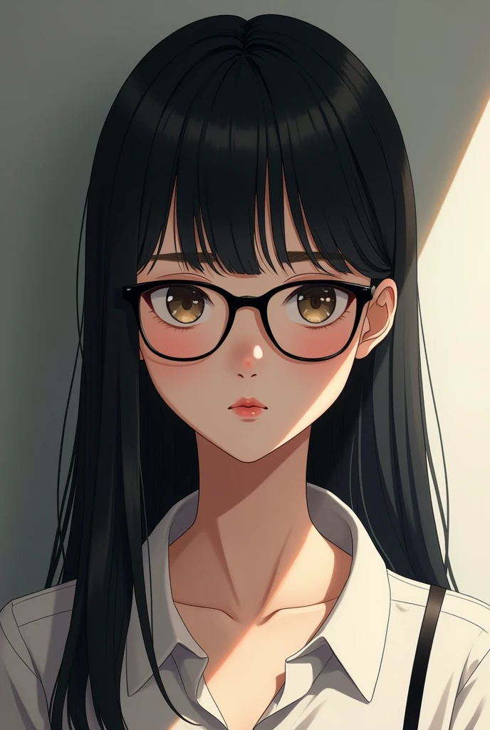 girly girl, straight black hair, with glasses, without fringe, serious look, of anime 