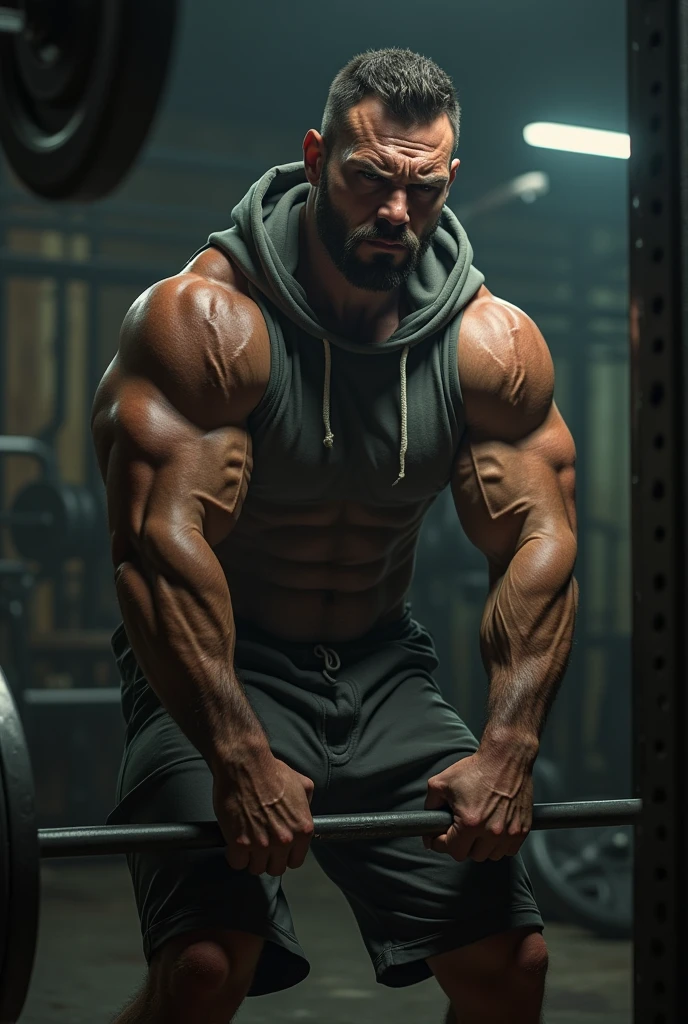 "A muscular man in his late 20s is in a gym, drenched in sweat, lifting heavy weights. His expression shows intense frustration, with furrowed brows and gritted teeth. His muscles are strained, and veins are visible on his arms and forehead. He’s wearing a sleeveless hoodie and gym shorts. The gym is dimly lit, with a few scattered weights and equipment in the background, adding to the gritty, intense atmosphere. The man’s posture is slightly hunched, and you can see the struggle in his body language, conveying his determination despite his frustration."