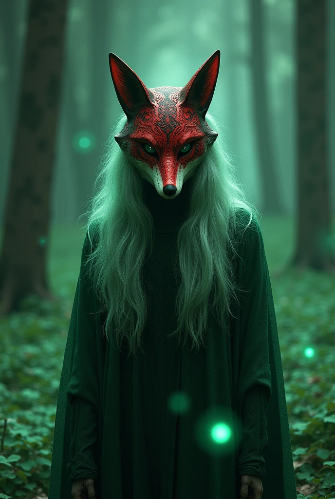 A mystical character wearing a detailed fox mask with red and black patterns, long flowing greenish-silver hair, standing in a dimly lit forest with glowing green particles floating around. The character exudes an ethereal and enigmatic aura, with the mask symbolizing mystery and wisdom, while the intricate details and colors of the mask and background add a sense of magical realism.