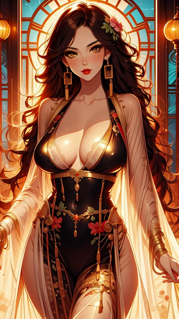 a beautiful attractive woman in body stocking suit, micro T-string , intricate chain jewelry suspenders, beautiful round breast, cleavage, chest press together ,medium long shot ,elegance pose, Intricate designs and patterns in the style of Alphonse Mucha ,Art Nouveau flowery background, black wavy hair,long earrings,red lipstick