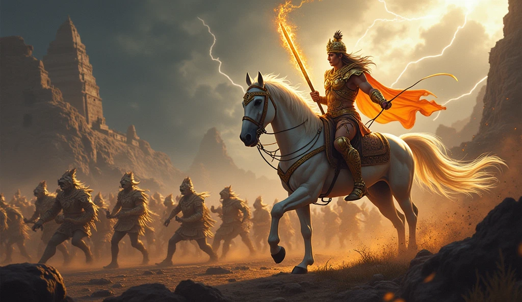 Create an image depicting an epic, mythological battle scene reminiscent of ancient Indian legends. In the foreground, a heroic figure with a golden crown, wielding a glowing sword, stands tall on a white horse. The figure's attire is adorned with intricate gold and silver armor, and their eyes burn with divine fury. Behind them, a vast army of mythical creatures—half-human, half-beast—charge into battle. The sky is dark and ominous, with flashes of lightning illuminating the chaos below. The background shows crumbling temples and towering mountains, adding a sense of grandeur and ancient power to the scene.


