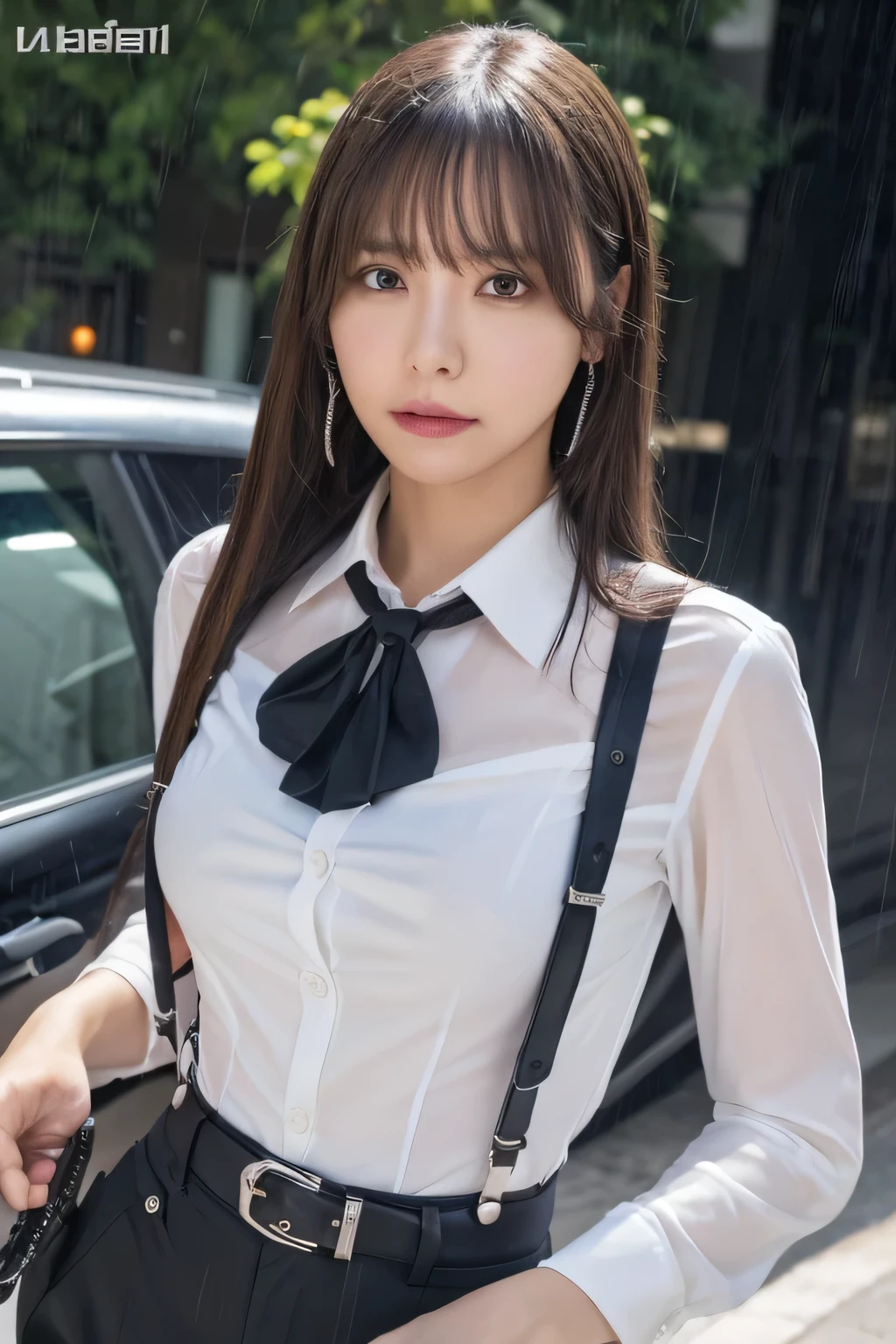 a woman in a suit, belt, hands behind back, sweating, suspenders, black pants, sexly, large breasts, see-through clothing, rain, detective, office worker, white button-up shirt, (best quality,4K,8k,highres,masterpiece:1.2),ultra-detailed,(realistic,photorealistic,photo-realistic:1.37),hyper-detailed,highly detailed face and body, Slender thin suspenders Moderate breasts See-through shirt Nipples holster chain Pistol Armament criminal Female criminal knife
