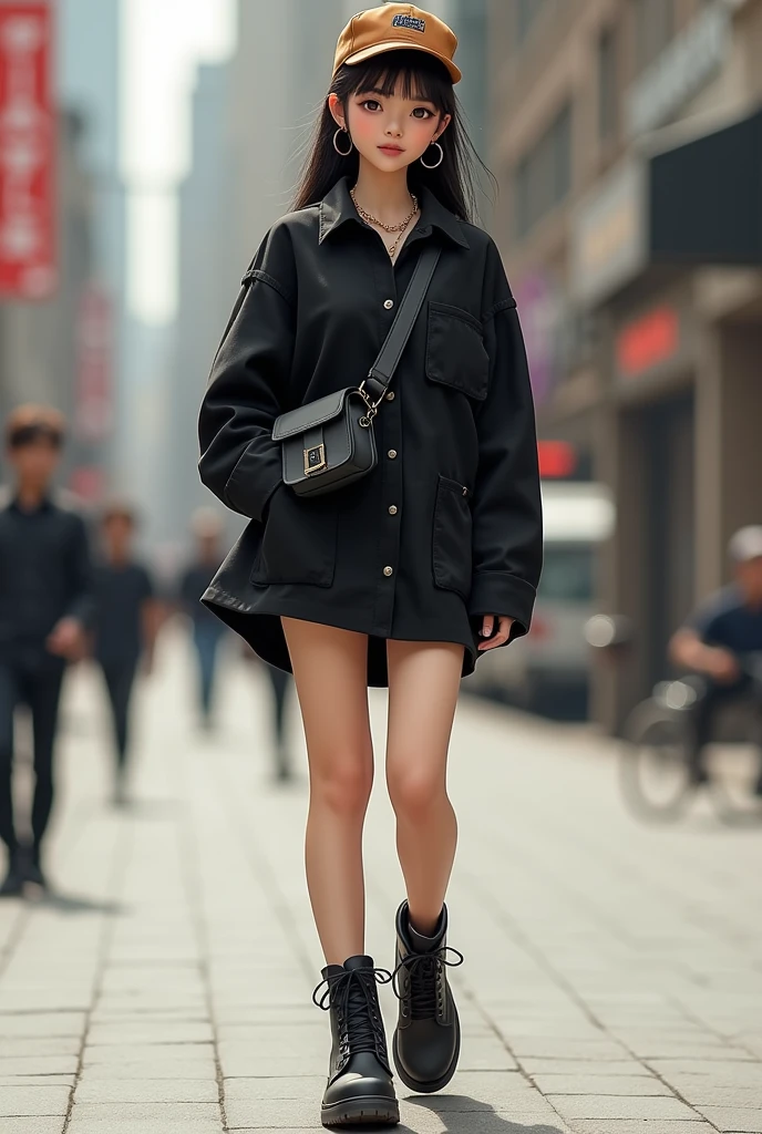 A nedium size girl wearing short over knee black shirt-dress and black timber land shoes with straight longgg hair large cirlce earings and black cross bag and a brown cap