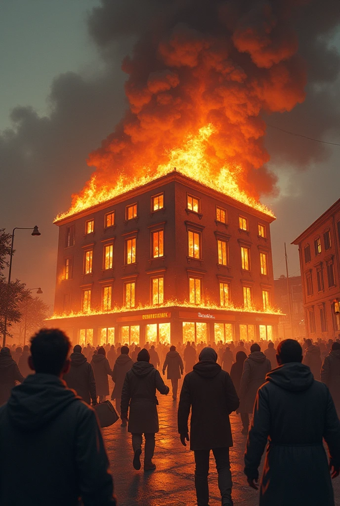 A building is on fire and everyone is profiting from the building