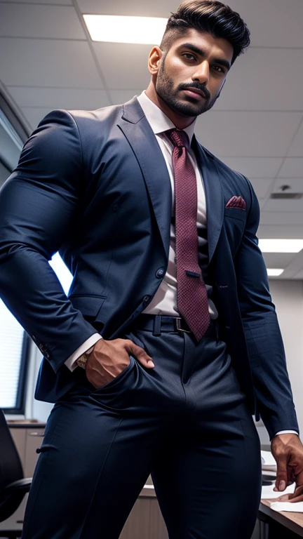 Indian gurjar ARJUN gay man in business suit open pant in underwear, standing in office with spread legs, huge bulge
